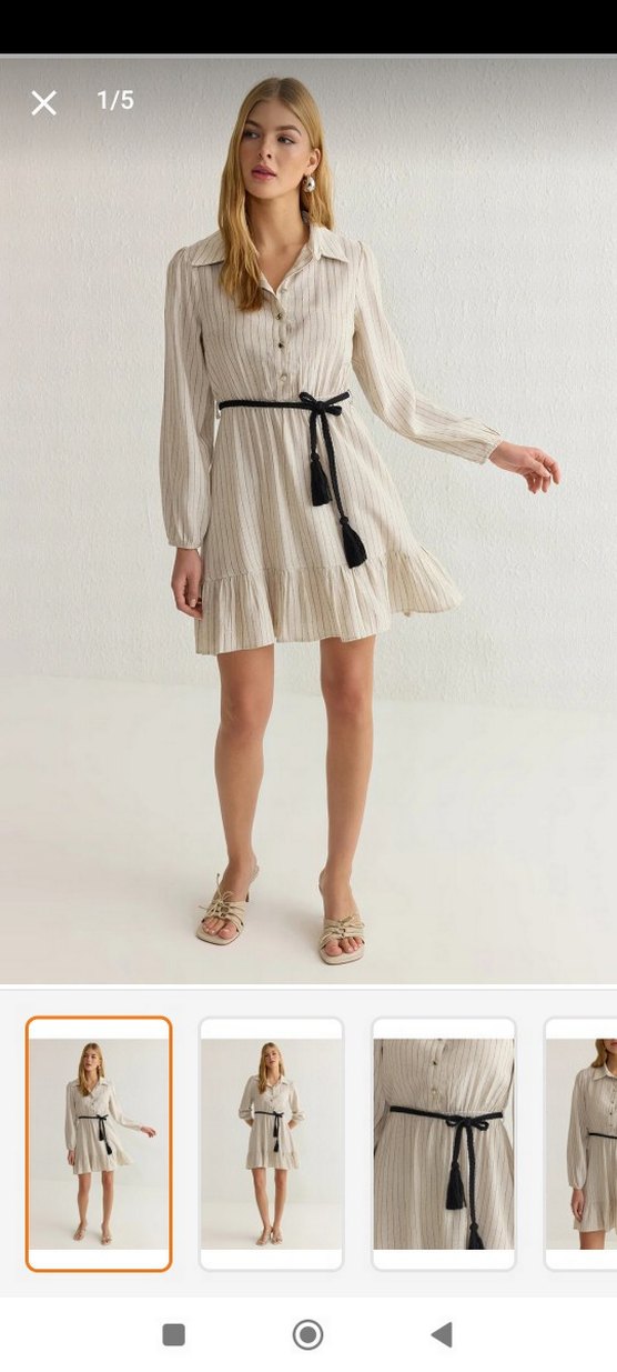 Bej Çizgili Kemerli Mini Bohem Elbise - Görsel 3