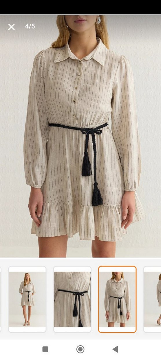 Bej Çizgili Kemerli Mini Bohem Elbise - Görsel 2