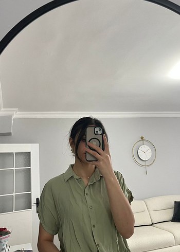 Kadın Haki Kısa Kollu Denim Gömlek - Görsel 3