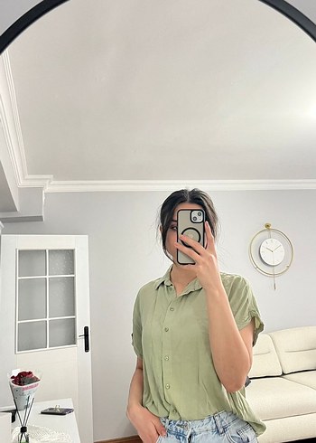 Kadın Haki Kısa Kollu Denim Gömlek - Görsel 2