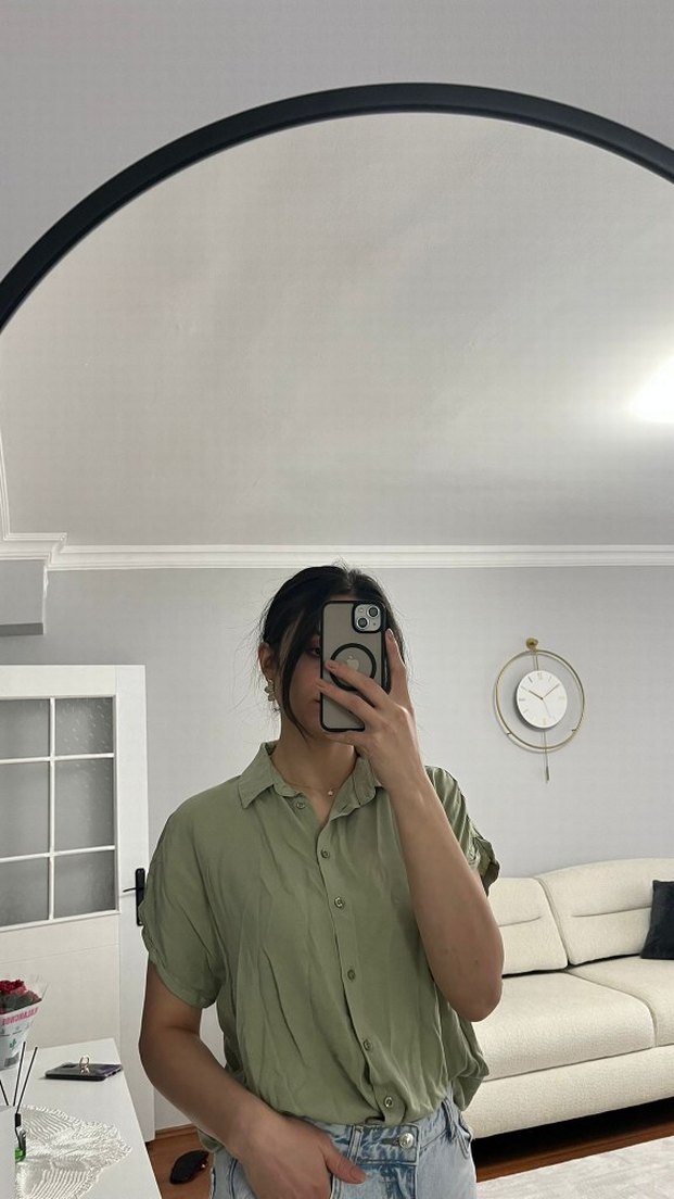 Kadın Haki Kısa Kollu Denim Gömlek - Görsel 3