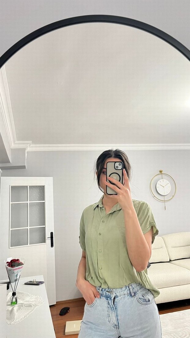 Kadın Haki Kısa Kollu Denim Gömlek - Görsel 2