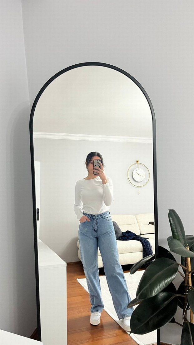 Beyaz Midi Boy Bol Kesim Kadın Kot Pantolon - Görsel 2