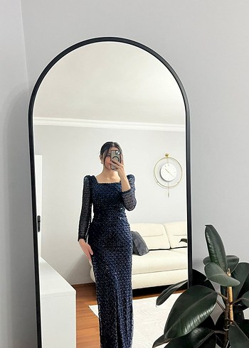 Lacivert Parlak Puantiyeli Uzun abiye - Görsel 3