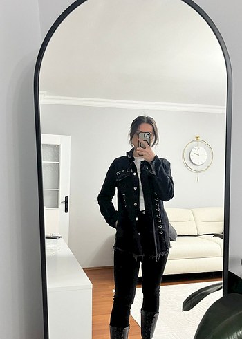 Kadın Siyah zımbalı Denim Ceket - Görsel 3