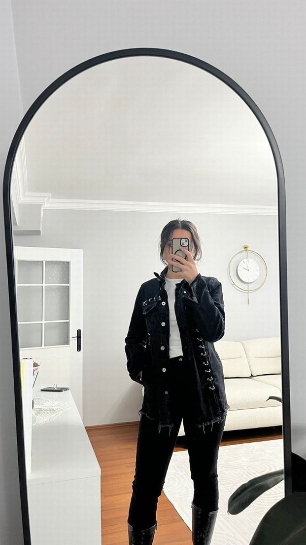 Kadın Siyah zımbalı Denim Ceket - Görsel 2