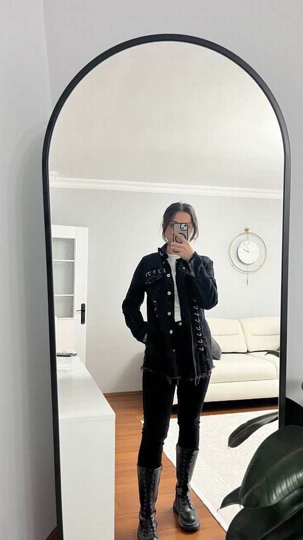 Kadın Siyah zımbalı Denim Ceket - Görsel 3