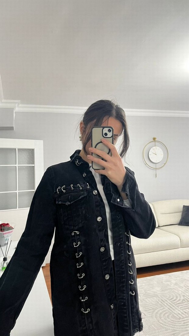 Kadın Siyah zımbalı Denim Ceket - Görsel 4