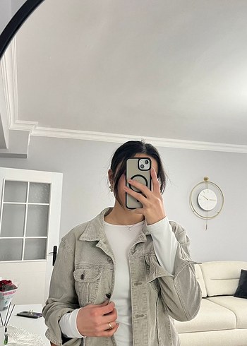 Bej Kadın Denim Ceket Yüksek Yaka - Görsel 3