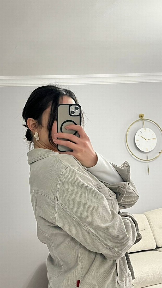 Bej Kadın Denim Ceket Yüksek Yaka - Görsel 5