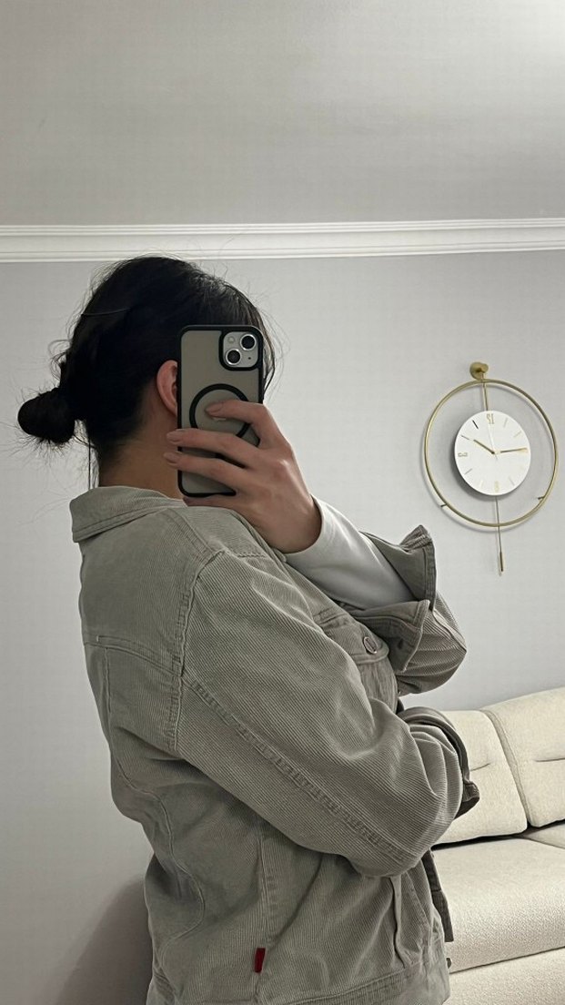 Bej Kadın Denim Ceket Yüksek Yaka - Görsel 4