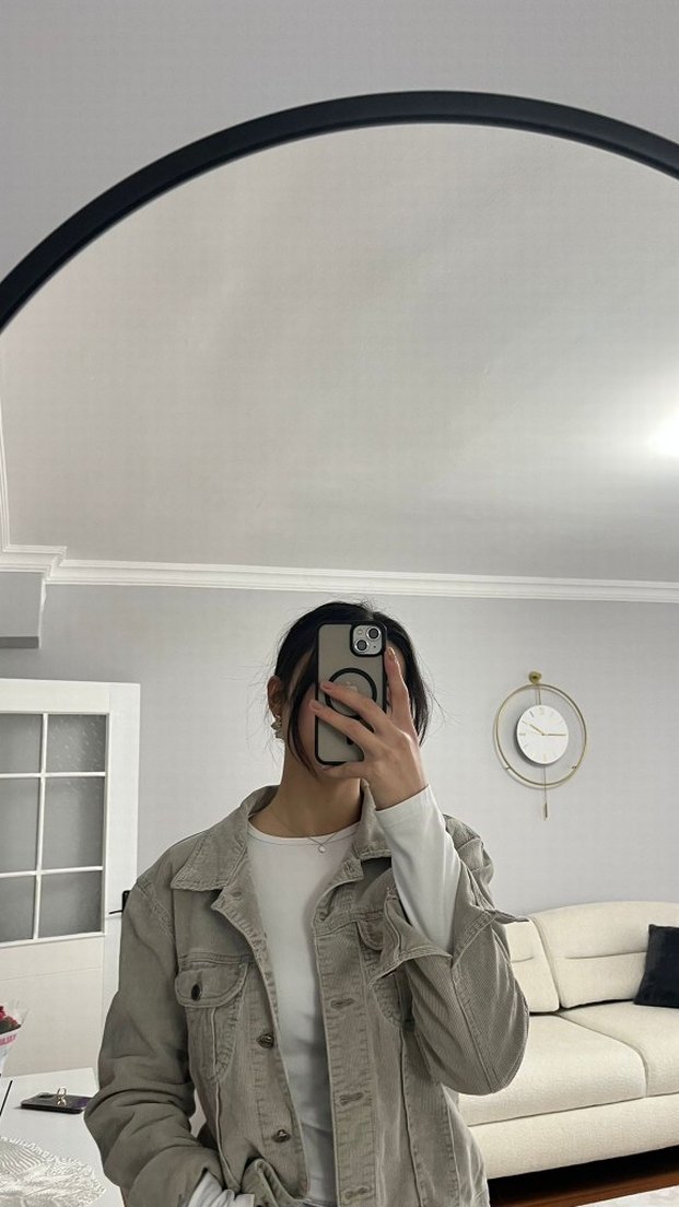 Bej Kadın Denim Ceket Yüksek Yaka - Görsel 2