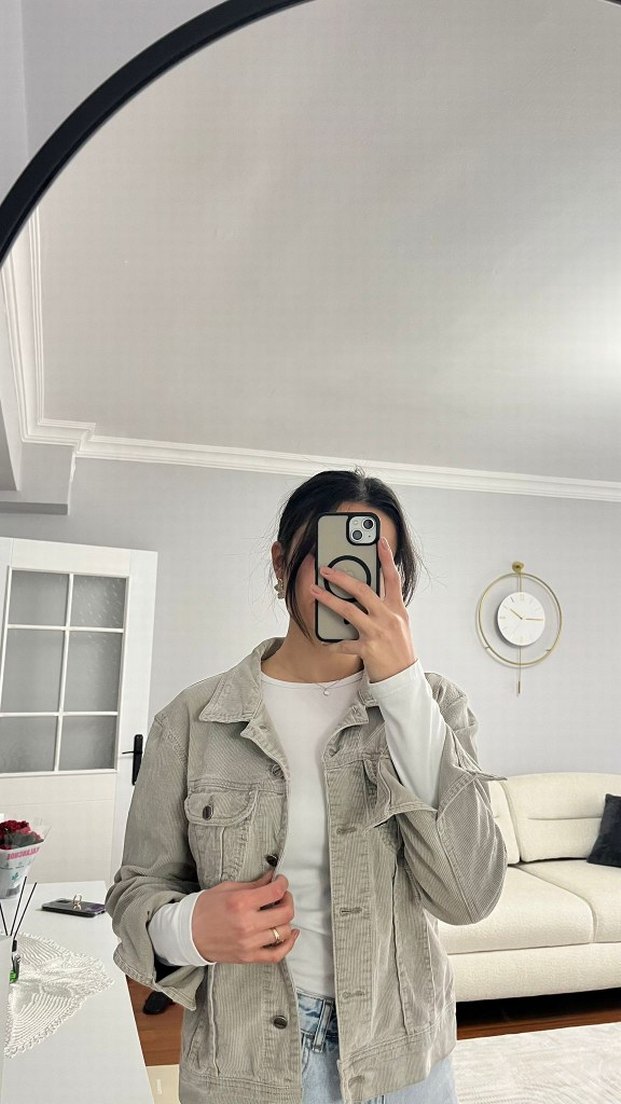 Bej Kadın Denim Ceket Yüksek Yaka - Görsel 3