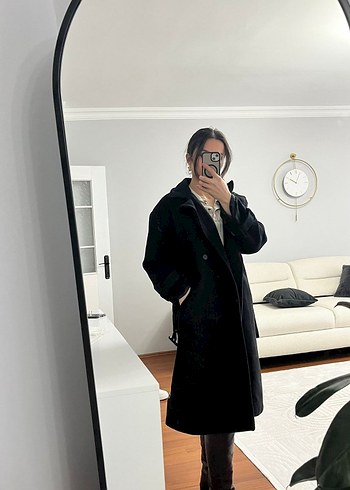 Siyah Yüksek Yakalı Midi Kaşe Kaban 38 beden oversize - Görsel 5