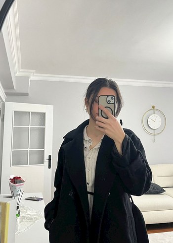 Siyah Yüksek Yakalı Midi Kaşe Kaban 38 beden oversize - Görsel 4