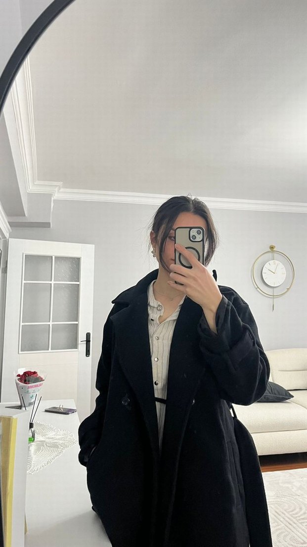 Siyah Yüksek Yakalı Midi Kaşe Kaban 38 beden oversize - Görsel 4