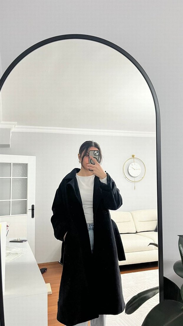 Siyah Yüksek Yakalı Midi Kaşe Kaban 38 beden oversize - Görsel 2