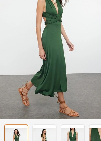 Yeşil V Yakalı Uzun Askılı Elbise - Görsel 2