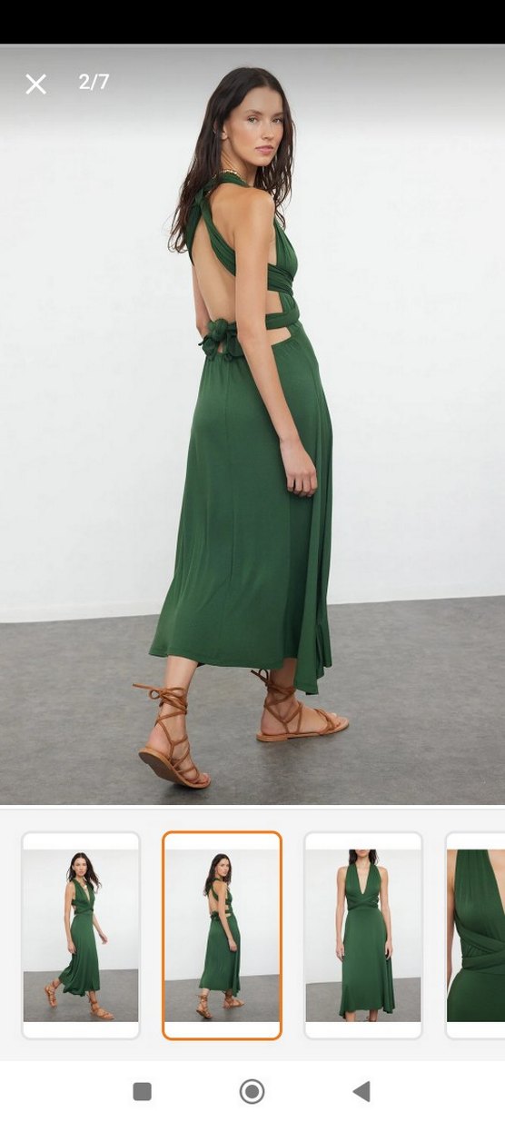 Yeşil V Yakalı Uzun Askılı Elbise - Görsel 3