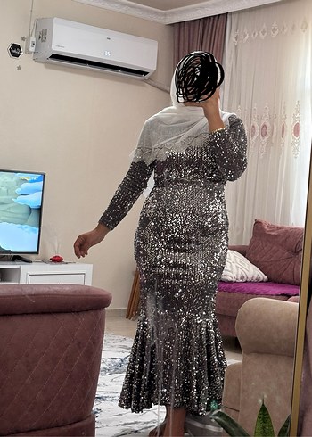 Abiye Gri pul payetli Uzun balık model Drapeli Abiye Elbise