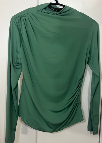 Kadın Yeşil Drapeli Yüksek Yakalı Bluz - Görsel 3