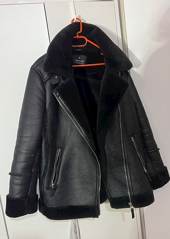 Kürk Detaylı Siyah Deri MONT - Görsel 3