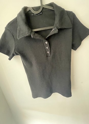 Kadın Siyah Düğmeli Polo Tişört - Görsel 2