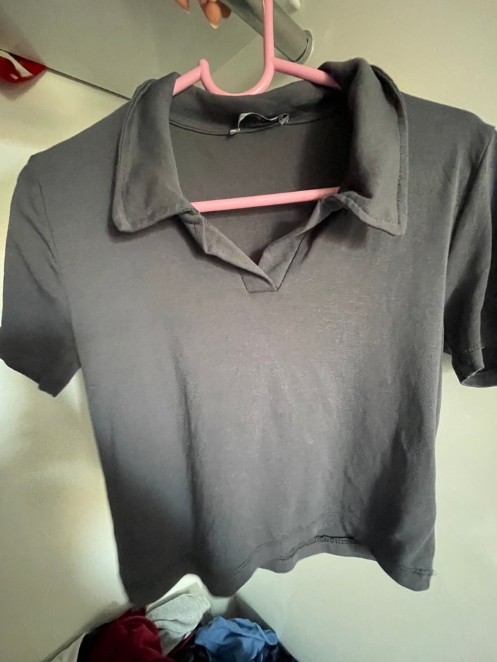 Kadın Gri Kısa Kollu Polo Tişört - Görsel 2