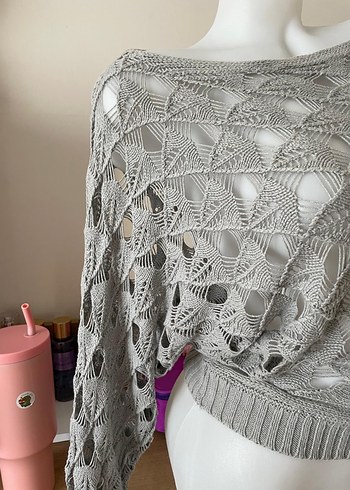 Adil ışık Gri Bohem Tarz Örgü Kadın Kazak - Görsel 3