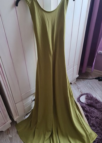 Askılı limon küf ü renkte  sırt dekolteli çok şık gece elbisesi - Görsel 9