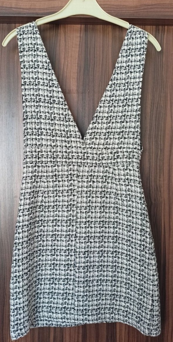 Düğmeli Gri Beyaz Midi Elbise - Görsel 3