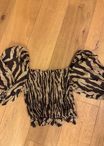 Kahverengi Zebra Desenli yazlık Bohem Mini Bluz