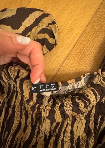 s Beden Kahverengi Zebra Desenli yazlık Bohem Mini Bluz