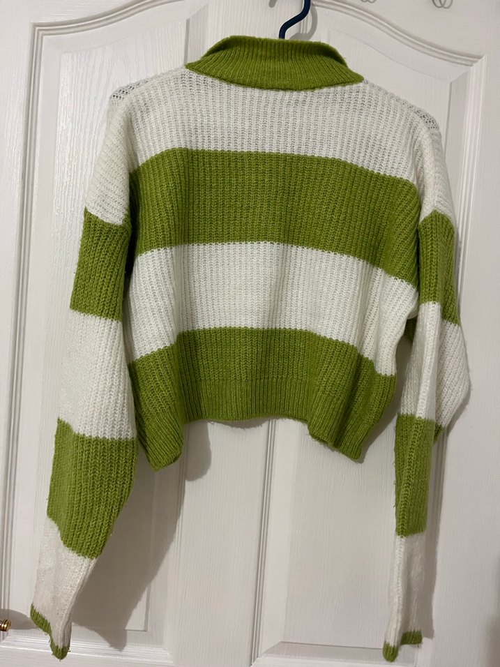 Yeşil Beyaz Çizgili Örgü Kadın Kazak - Görsel 3