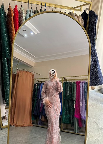 Abiye Pembe Uzun Kollu Drapeli Abiye Elbise