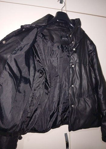 Düğmeli Siyah şişme Deri Kadın Ceket - Görsel 5