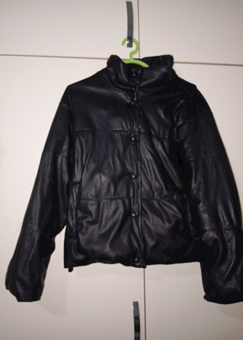 Düğmeli Siyah şişme Deri Kadın Ceket - Görsel 3