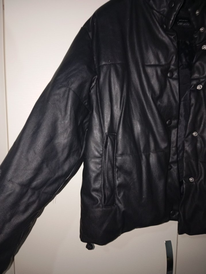 Düğmeli Siyah şişme Deri Kadın Ceket - Görsel 2