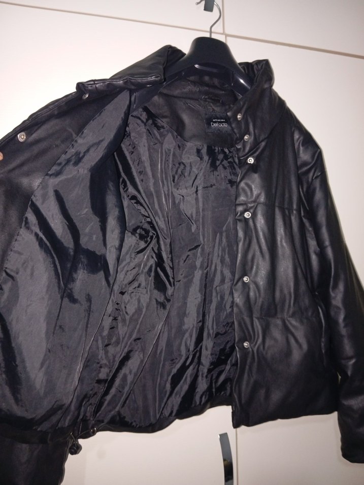 Düğmeli Siyah şişme Deri Kadın Ceket - Görsel 5