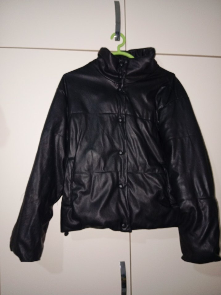 Düğmeli Siyah şişme Deri Kadın Ceket - Görsel 3