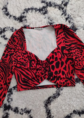 Kırmızı Zebra Desenli Uzun Kollu Crop Bluz - Görsel 2