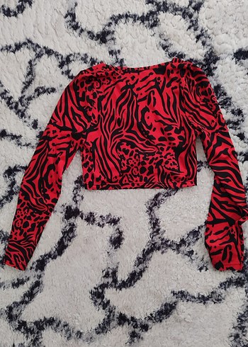 Kırmızı Zebra Desenli Uzun Kollu Crop Bluz - Görsel 3