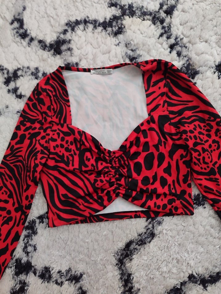 Kırmızı Zebra Desenli Uzun Kollu Crop Bluz - Görsel 2