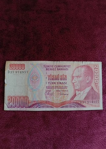 Bordo 20000 Türk Lirası Eski Banknot