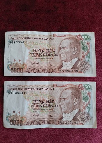Bordo Parlak 5000 Türk Lirası Eski Banknot