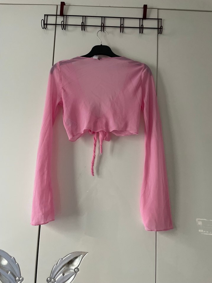 Pembe V Yakalı Uzun Kollu Drapeli Bluz - Görsel 5