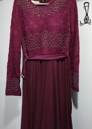 Bordo Uzun Kollu Dantel Abiye Elbise