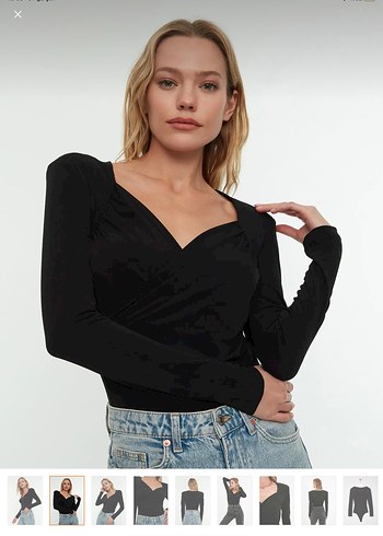 l Beden Siyah V Yakalı Denim Bluz