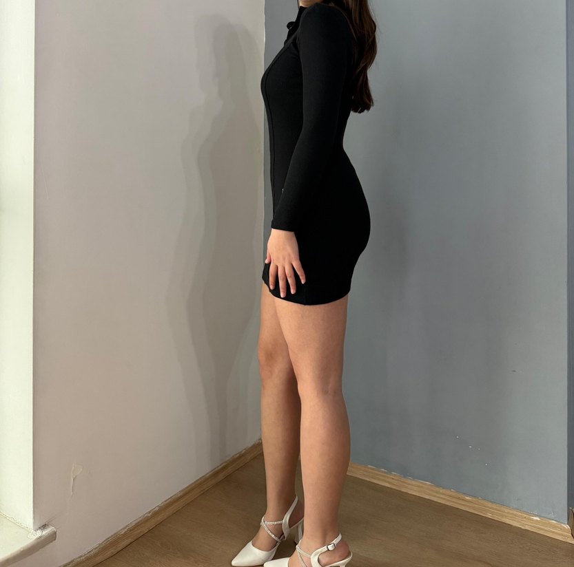 Siyah V Yaka Uzun Kollu Mini Elbise - Görsel 2