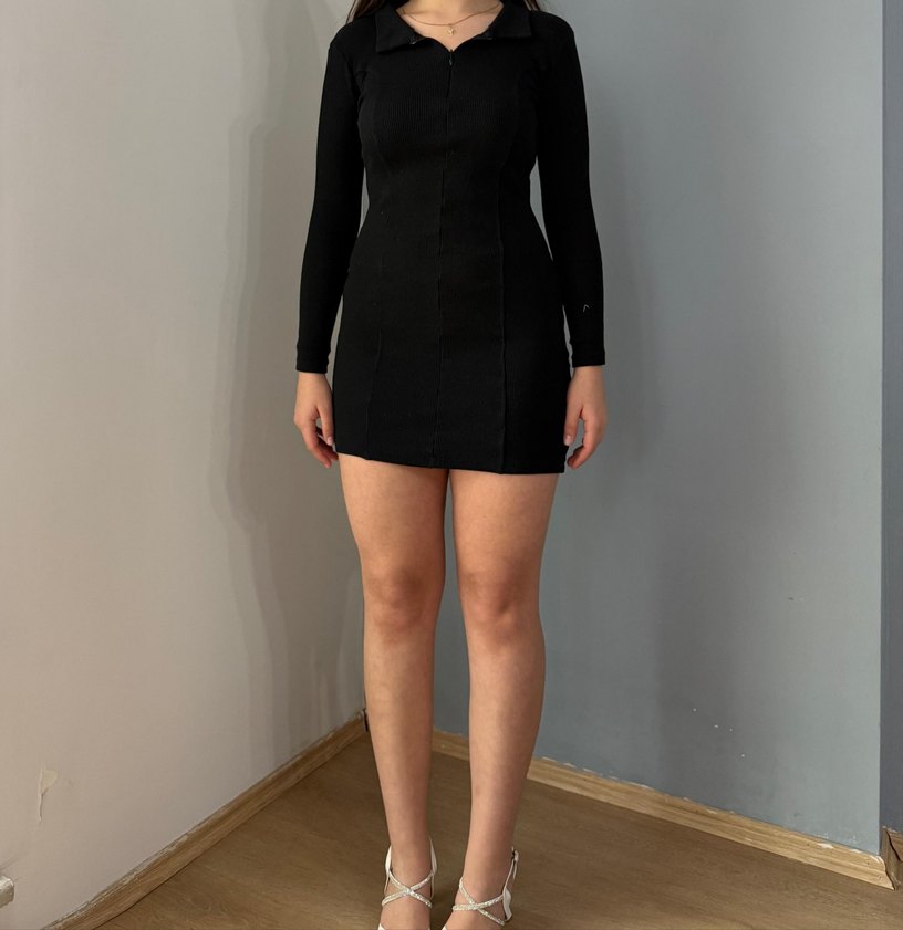 Siyah V Yaka Uzun Kollu Mini Elbise - Görsel 3